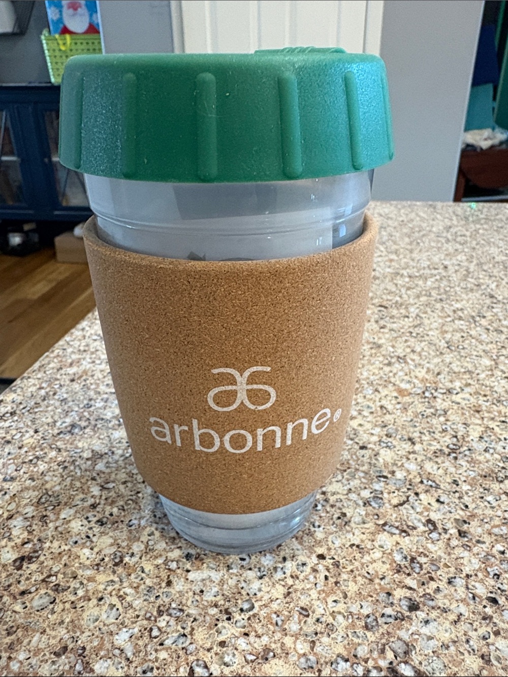 Arbonne Clear Glass Tumbler with Green Lids and Cork Sleeves. New